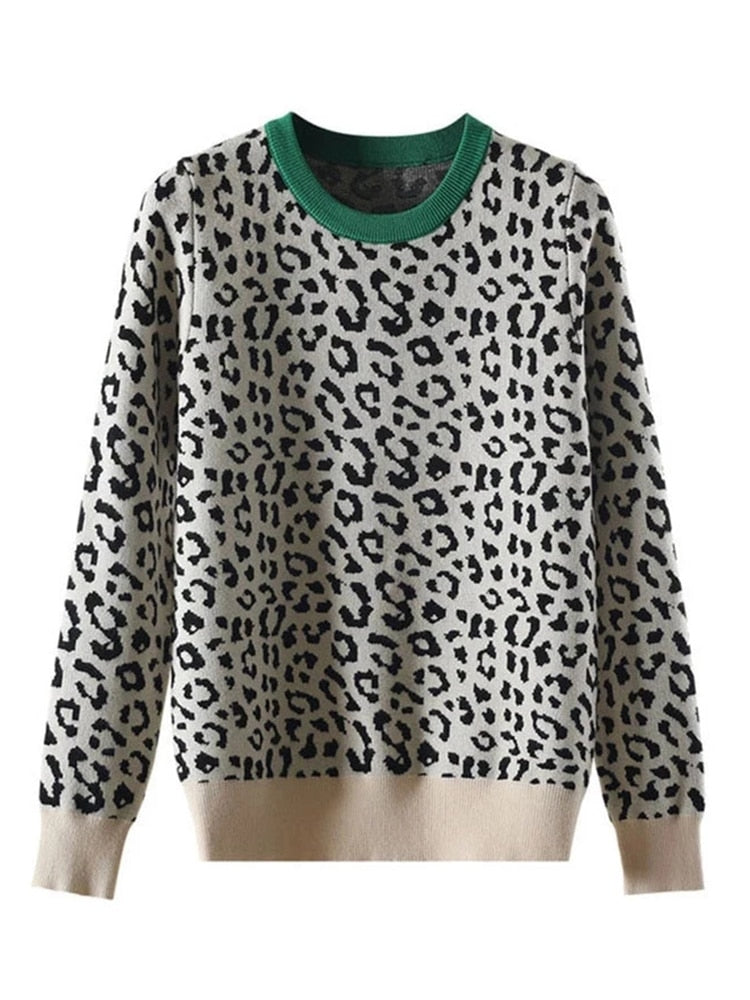 Autumn Winter Women Sweaters Leopard Knitted Pullovers Long Sleeve Contrast Color Crewneck Jumpers Sweter Mujer C- 026