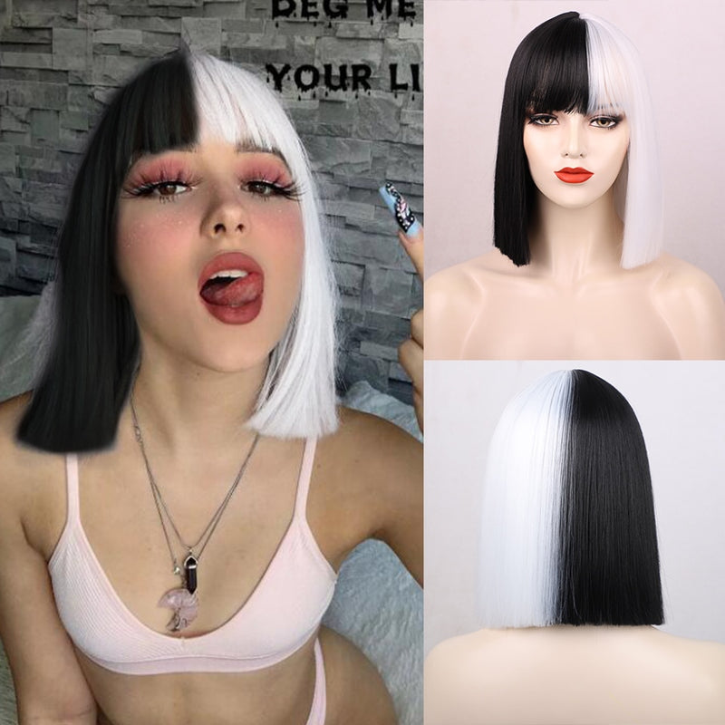 StampedGlorious Synthetic Wigs Short Straight Bob Wigs Black/Pink Bangs Wigs for Women Heat Resistant Cosplay Wig for Brizilan
