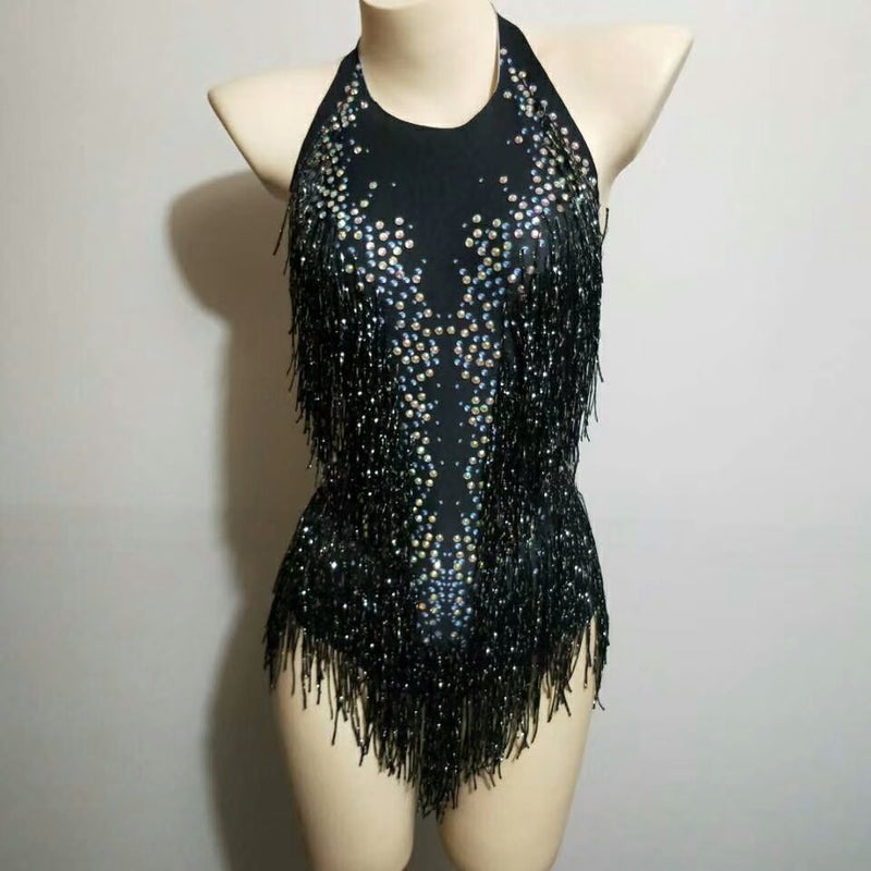 Sparkly Rhinestones Fringes Bodysuit Women Nightclub Outfit Glisten Dance Costume One-piece Dance Wear Singer Stage Leotard