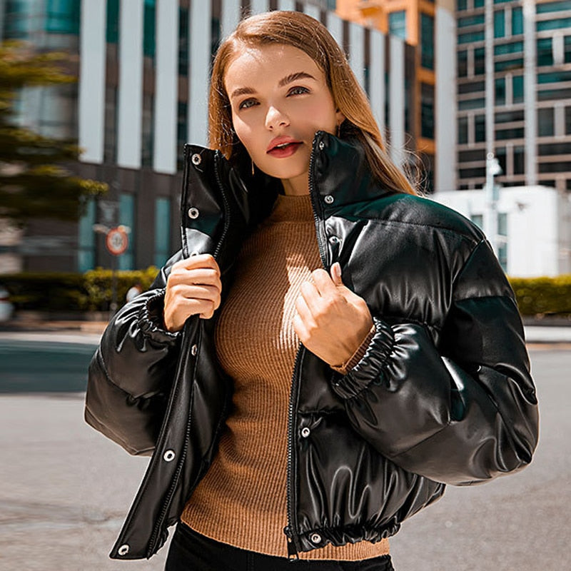 Winter Warm Thick PU Leather Coats Women Short Parkas Fashion Black Cotton Padded Lady Down Jacket Elegant Zipper Clothes 2022