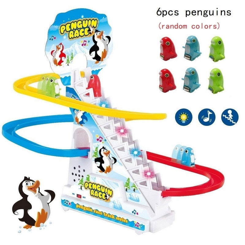 Climbing Stairs Track Toys Cartoon Penguin Dinosaur Dog Duck For Children Electronic Music Kids Funny Boys Girls Birthday Gift