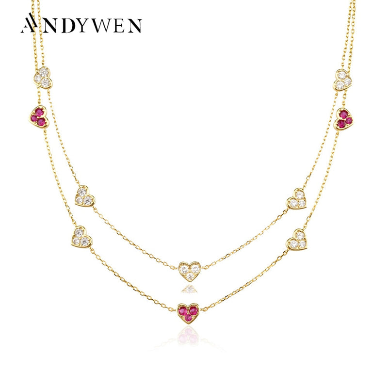ANDYWEN 925 Sterling Silver Gold Love Heart Clear Rose Red Charm Long Chain Choker Necklace Pendant Women Wedding Luxury Jewelry