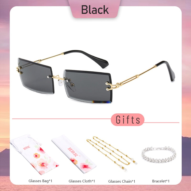 HBK Fashion Rimless Sunglasses Women TOP QUALITY Trendy Small Rectangle Sun Glasses Summer Style UV Gold Brown Shades for men