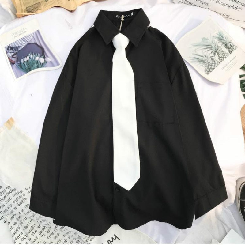 EBAIHUI 2020 Autumn Long Sleeve Loose Student Blouse Shirt Women White Black Turn Down Collar Casual Oversized Shirt Vintage Top