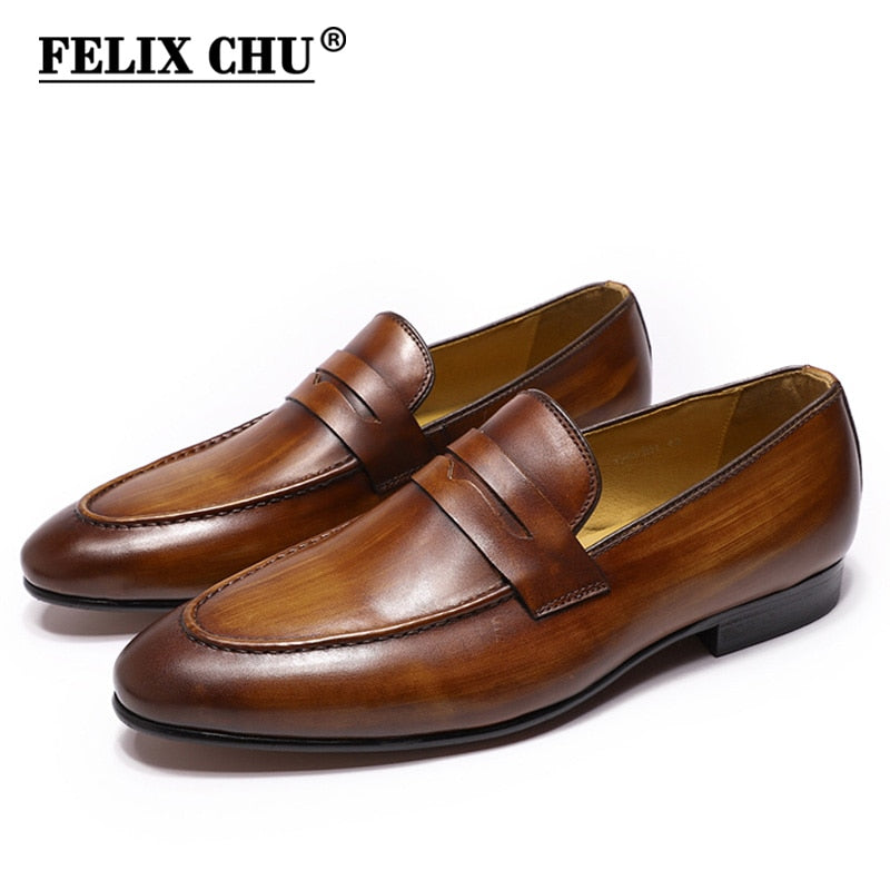 FELIX CHU Mens Penny Loafers Leather Shoes Genuine Leather Elegant Wedding Party Casual Dress Shoes Brown Black Shoes for Men