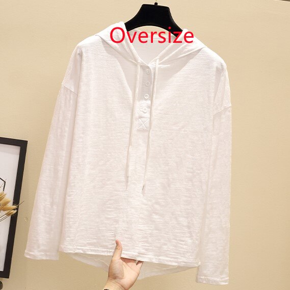 S-2XL Bamboo Cotton Oversize Hoodie White T Shirt Women Hooded Long Sleeve T Shirts white Casual Female Tee Tops Maxi Summer