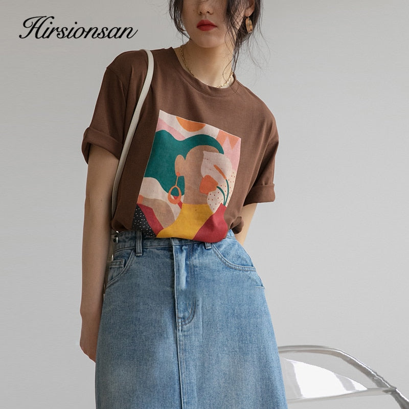 Hirsionsan Ästhetisch bedruckte T-Shirts Frauen 2021 neue weiche Vintage-lose T-Stücke abstrakte grafische Baumwoll-T-Shirts Sommer-beiläufige Oberteile