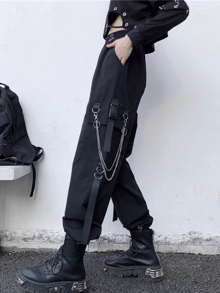 Women Cargo Pants 2021 Harem Pants Fashion Punk Pockets Jogger Trousers With Chain Harajuku Elastics High Waist Streetwear