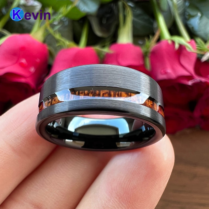 Classic Wood Ring Black Tungsten Wedding Band For Men And Women With Offset Groove Real Wood Inlay 8MM Comfort Fit