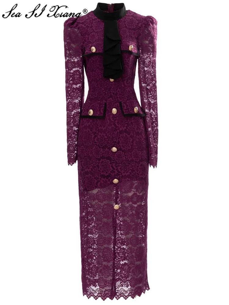 Seasixiang Fashion Designer Spring Summer Lace Pencil Dress Women Stand Collar Long Sleeve Hollow Out Elegant Party Dresses