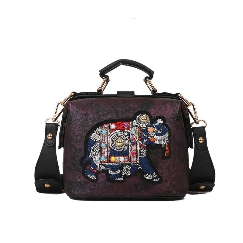 Vintage Embroidery Elephant Bag Bags Wide Butterfly Strap PU Leather Women Shoulder Crossbody Bag Tote Women&