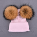 Double Real Raccoon Fur Pompom Hat Women Winter Caps Knitted Wool Hats Skullies Beanies Girls Female Two Fur Pom Pom Beanie Hat