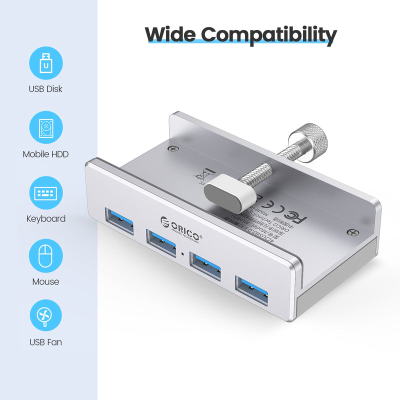 ORICO MH4PU Aluminum 4 Ports USB 3.0 Clip-type HUB For Desktop Laptop Clip Range 10-32mm With 150cm Date Cable - Silver