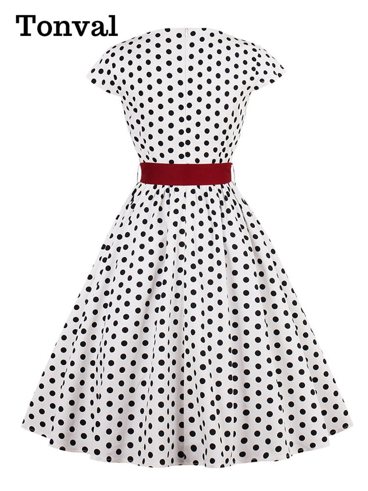 Tonval Green Retro Polka Dot 1950s Rockabilly Pleated Belted Dress Cap Sleeve Summer Women High Waist Vintage Dresses