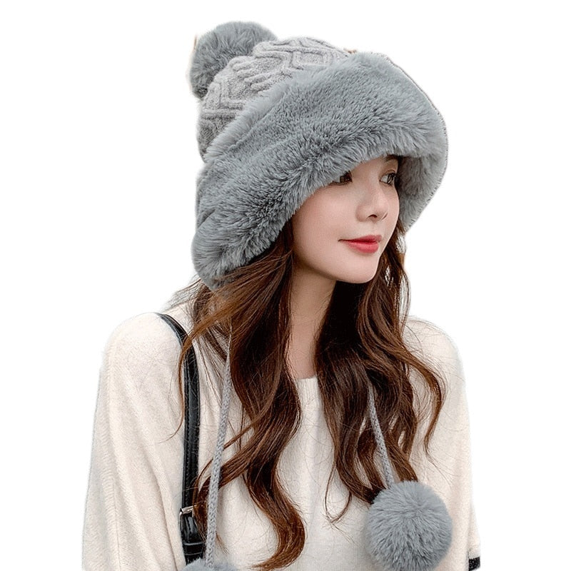 Sparsil Woman Autumn Winter Mink Knit Bomber Hat Thick Female Fluffy Pompom Outdoor Warm Windproof Earflap Trapper Snow Ski Caps