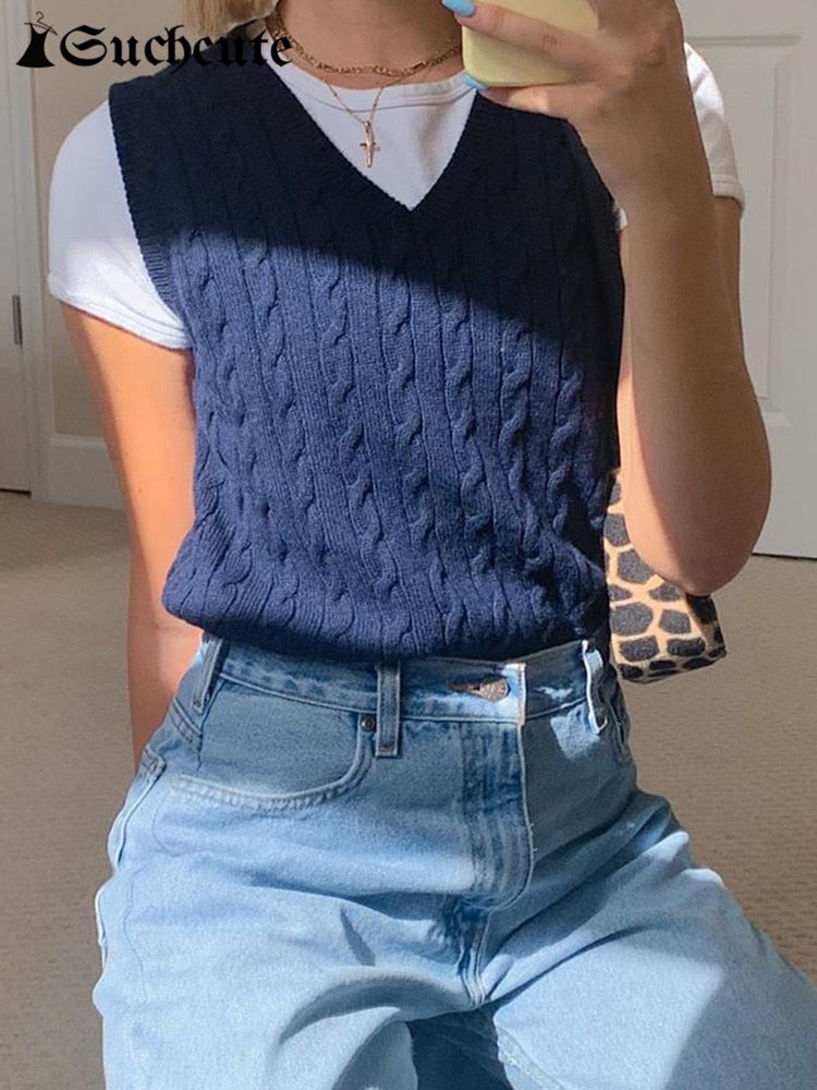 SUCHCUTE girl Sweater Vest women jumper V Neck pullover Knitted Vests Women Preppy Style Crop Top Autumn 2020 solid outfits