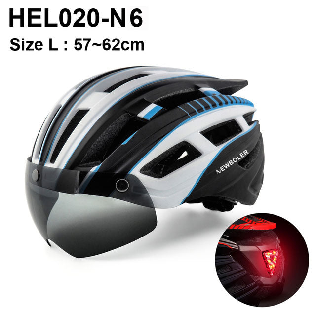 Casco de ciclismo NEWBOLER para hombre y mujer, casco con luz LED, lente para casco de bicicleta de montaña y carretera para montar en bicicleta, deportes, monopatín, Scooter