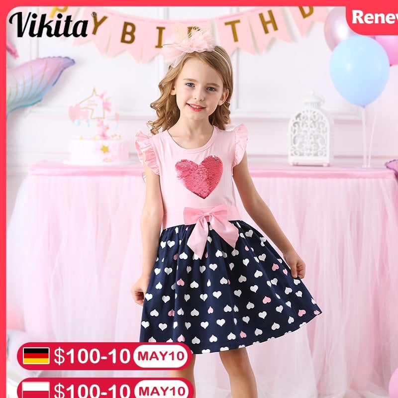 VIKITA Kids Summer Dress for Girls Toddlers Cotton Dresses Children Sequins Vestidos Girls Heart Butterfly Cartoon Dress