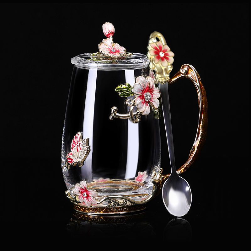 Taza de café esmaltada de belleza y novedad, tazas de cristal de té con flores para bebidas frías y calientes, juego de cuchara y taza de té, regalo de boda perfecto