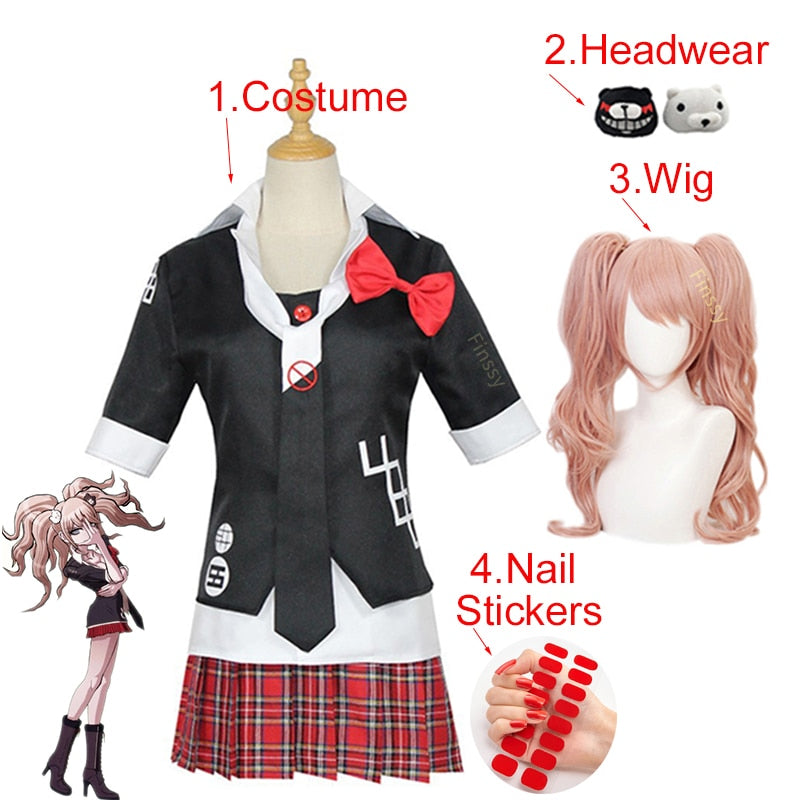 Anime Danganronpa Cosplay Kostüm Enoshima Junko Uniform Cafe Arbeitskleidung Kurzer Rock Doppelschwanz Braid Perücke