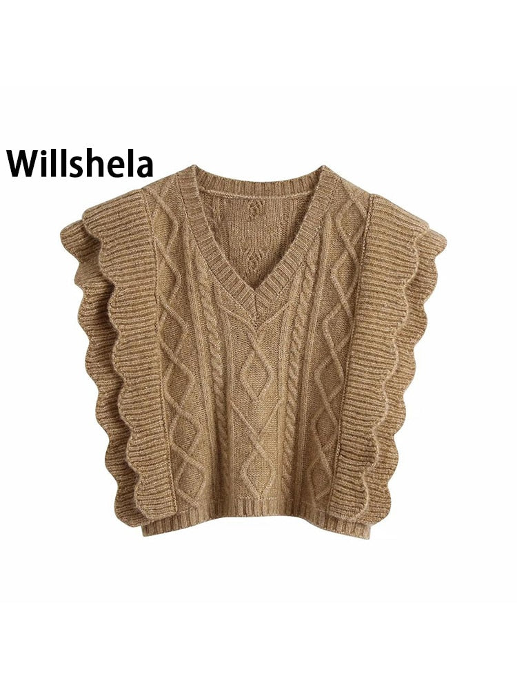 2021 Neue Frauen Zopfmuster Weste Pullover V-Ausschnitt Weste Rüschenbesatz Frauen Pullover Warm Gestrickte Tanktops