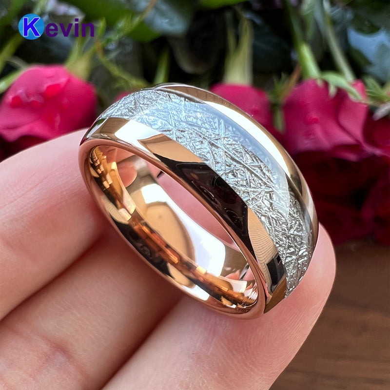 Rose Gold Womens Mens Weding Band Tungsten Ring Dome Band White Meteorite Inlay 6MM 8MM Comfort Fit