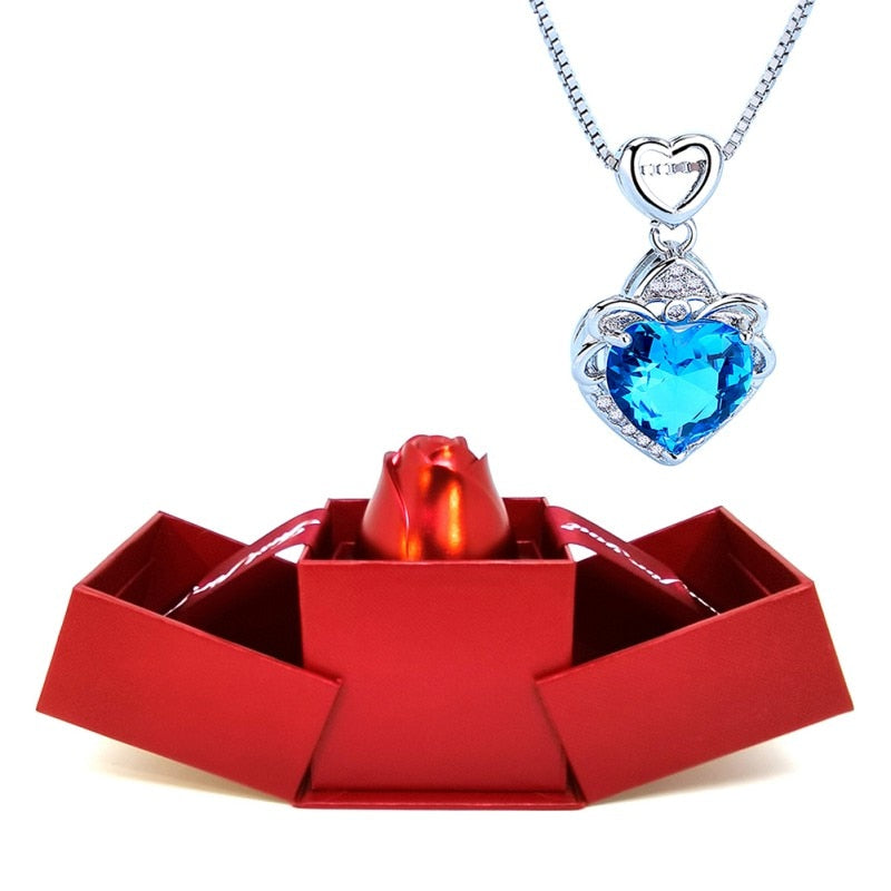 Conjunto de collar de amor eterno con soporte de rosa, colgante de circón rombo romántico con regalos inmortales para el Día de San Valentín