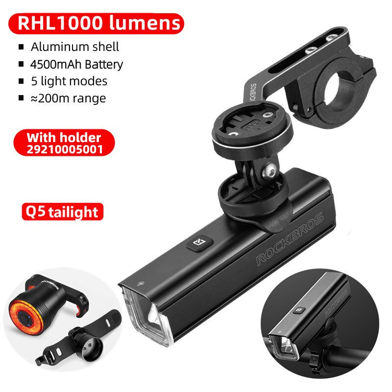 ROCKBROS 400-1000LM Bike Light Bicycle Headlight With Mount Holder IPX3 USB Rechargeable Bike Flashlight Combo Out Front Holder