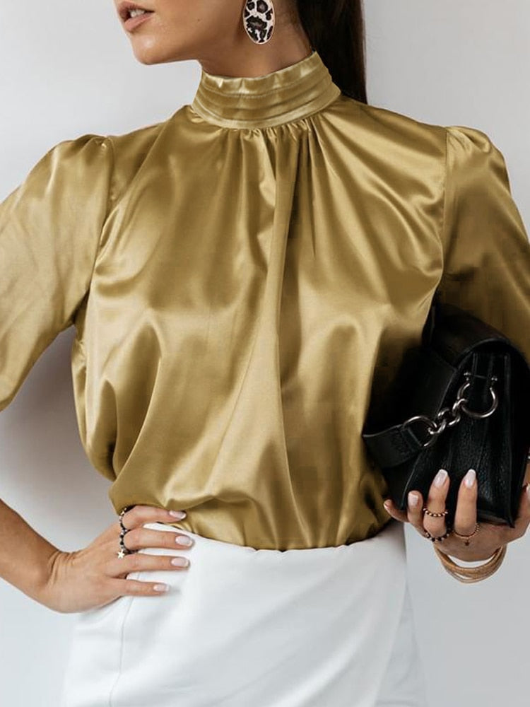 Celmia Women Satin Blouse 2023 Fashion Elegant Tunic Slik Tops Autumn Solid High Collar Shirt Long Sleeve Party Blusas Femininas