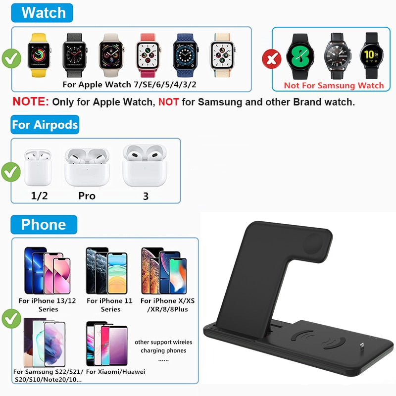 15W Qi Fast Wireless Charger Stand For iPhone 13 11 12 X 8 Apple Watch 4 in 1 Foldable Charging Station for Airpods 3 Pro iWatch
