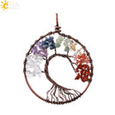 CSJA 7 Chakra Natural Stone Pendant Chip Beads Wrap Wisdom Tree of Life Antique Copper Plated Heart Pendants for Necklace E269