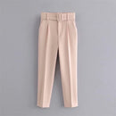 WOTWOY Elegant Formal High Waist Pants Women Skinny Office Lady Pencil Pants Women Pockets Sashes Ankle-Length Trousers Women
