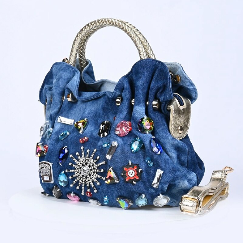 iPinee New Women Denim Bags Sweet Blue Pattern High Quality Handbags With Diamond Ladies Tote Bag Messenger Bags
