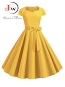 Summer Women Vintage Dress 50S 60S Short Sleeve Casual Elegant Retro Office Party Midi Dress Robe Femme Solid Vestidos