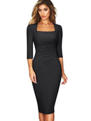 Nice-forever Spring Women Vintage Square Neck Office Dresses Business Formal Elegant Bodycon Slim Dress B688