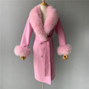 2020 Wool Coat Women Pied De Poule Natural Fox Fur Collar Cashmere Wool Blends Long Outerwear Ladies Streetwear