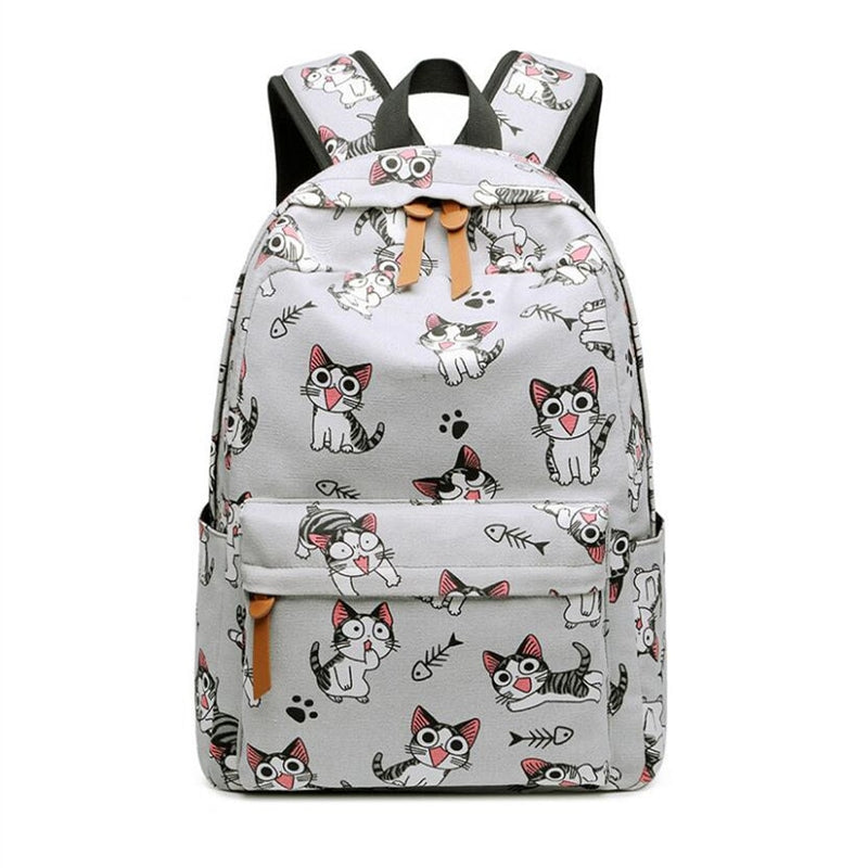 Fengdong Schultaschen für Mädchen im Teenageralter Schultasche Kinder Rucksäcke niedlicher Tierdruck Leinwand Schulrucksack Kinder Katzentasche Pack