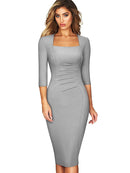 Nice-forever Spring Women Vintage Square Neck Office Dresses Business Formal Elegant Bodycon Slim Dress B688
