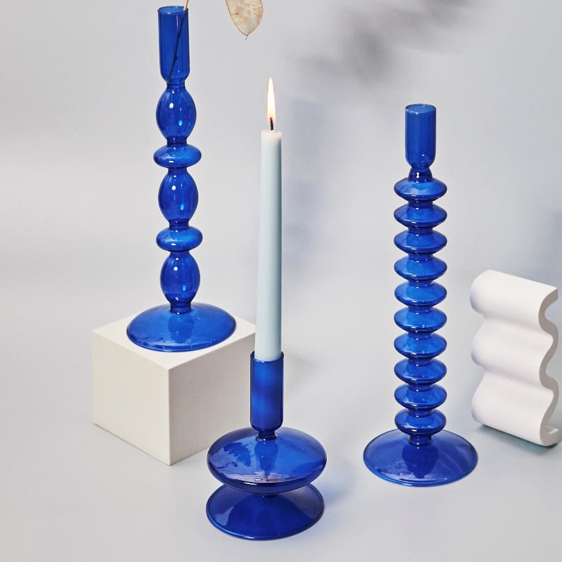 Blue Glass Candle Holder Candlesticks for Wedding Birthday Holiday Home Decoration Morden Decorative Glass