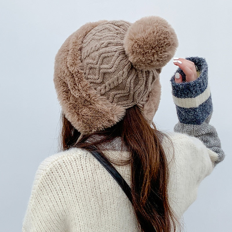 Sparsil mujer Otoño Invierno visón tejido bombardero sombrero grueso mujer mullido pompón al aire libre cálido a prueba de viento orejera trampero nieve esquí gorras