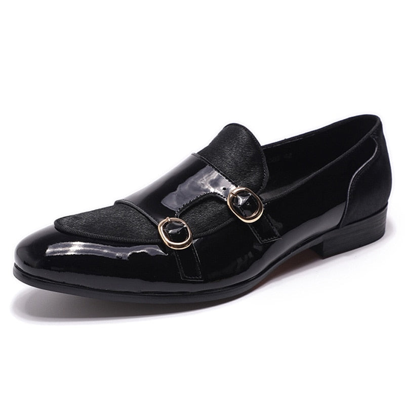 FELIX CHU Herren Hochzeit Loafer Herren Partykleid Schuhe Lackleder mit Pferdehaar Lässige Mönchsriemen Formelle Schuhe für Herren