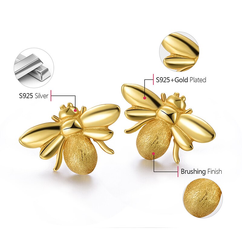 Lotus Fun Real 925 Sterling Silver Bee Earrings Natural Designer Fine Jewelry Cute 18K Gold Honeybee Stud Earrings for Women