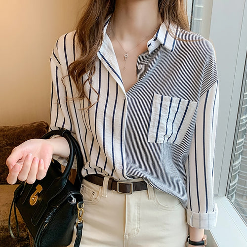 Shintimes Gestreifte Casual Taschen Langarm Shirt Frauen Baumwolle Bluse Damen Kleidung 2022 Knopf Damen Tops Chemisier Femme