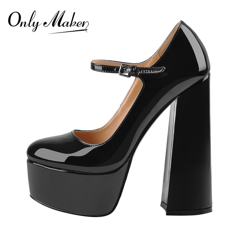 Onlymaker, zapatos de tacón para mujer, plataforma Mary-Jane, negro, rosa, grueso, 16CM, tacones altos, vestido con correa en el tobillo, zapatos de fiesta con tacón de pezuña, zapatos de talla grande