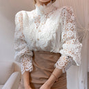 Chic Hollow Out Flower Lace Shirt Stand-Collar All-Match Summer Blouses 2022 Petal Sleeve Patchwork Women Top Femme Blusas 12419
