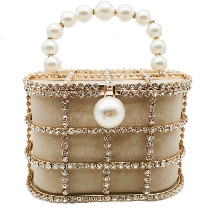 Boutique De FGG Pearl Beaded Evening Bucket Clutch Bag Women Luxury Rhinestone Shoulder Bag Party Purse Ladies Diamond Handbags