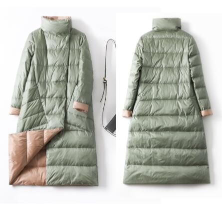 FTLZZ Women Double Sided Down Long Jacket Double Breasted Snow Outwear Warm Parka Stand Collar Lapel 90% White Duck Down Coat