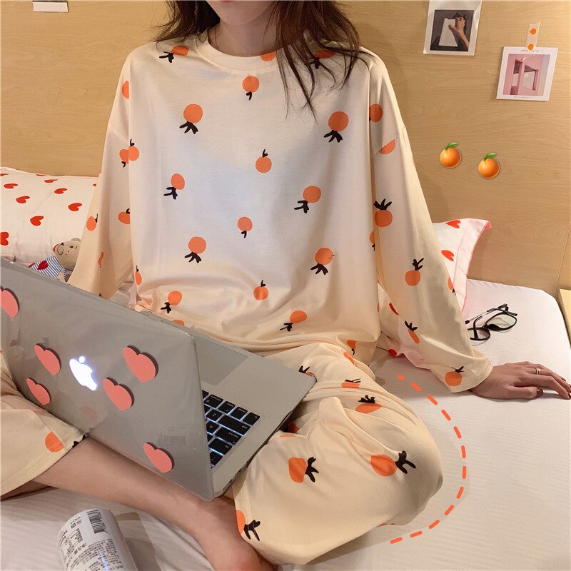 Conjunto de pijamas finos de otoño de 2 piezas, ropa de dormir para mujer, trajes encantadores para el hogar 2021, ropa de dormir de cuello redondo para niñas, pijamas de manga larga