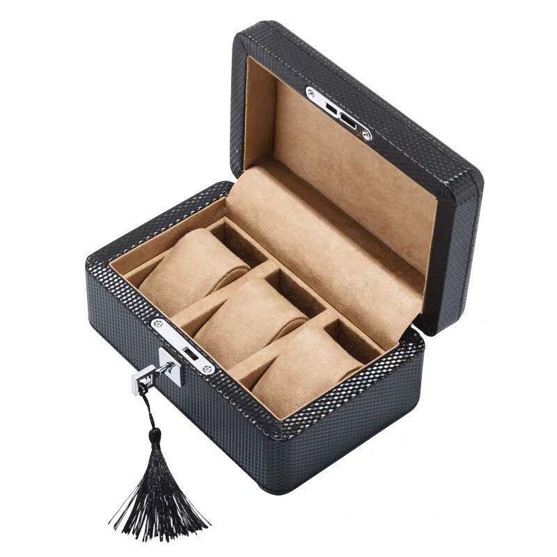 Caja de reloj de cuero con 3/6/12 ranuras, caja de almacenamiento de reloj negra, organizador con cerradura, caja de reloj de carbono de lujo para hombres, cajas de regalo