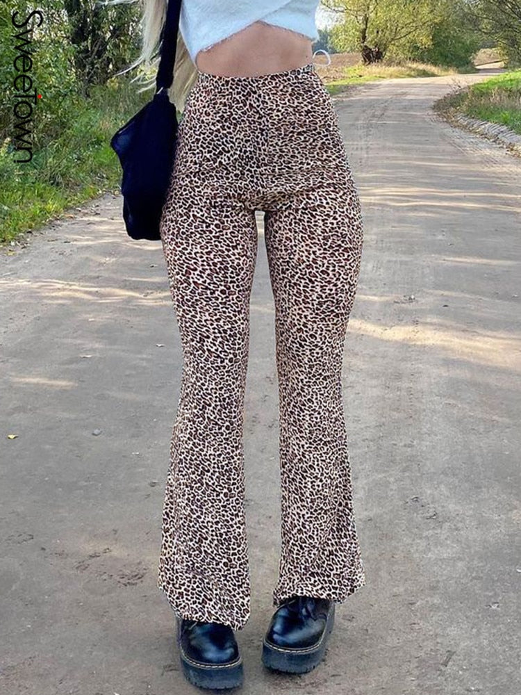 Sweetown Brown Y2K Leopard Joggers Mujeres Pantalones acampanados de cintura alta Malla de doble capa Chica Pantalones estéticos Pantalones de chándal femeninos